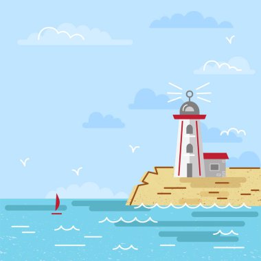 Deniz feneri adanın, yatay yaz. Düz ve çizgi stili vektör çizim. Seyahat kavramı. Yaz kart Merhaba.