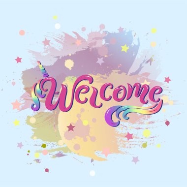 Unicon boynuz üzerinde pastel renkler arka plan ile hoş geldiniz yazısı el yazısı. Karşılama logo, Bebek Doğum, tebrik kartı, tek boynuzlu at parti, bebek duş, rozet, afiş, davetiye, etiketi, web için.
