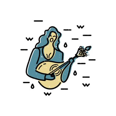 Kadın gitar ile bir şarkı şarkı söylüyor. Vektör logo tasarımı. Portekizli Fado hüzünlü şarkı. Düz ve çizgi stili vektör çizim.