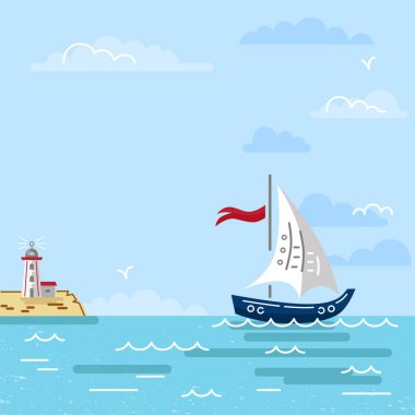 Yat ve deniz feneri adanın, deniz yatay yaz. Düz ve çizgi stili vektör çizim. Seyahat kavramı. Yaz kart Merhaba.