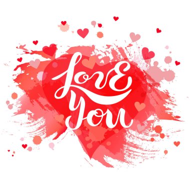 Kırmızı kalp zemin üzerine izole aşk. Love You yazı logo, rozet, simge, yama, etiket el yazısı. St. Valentine's Day, davetiye, tebrik kartı, web, düğün için şablon.