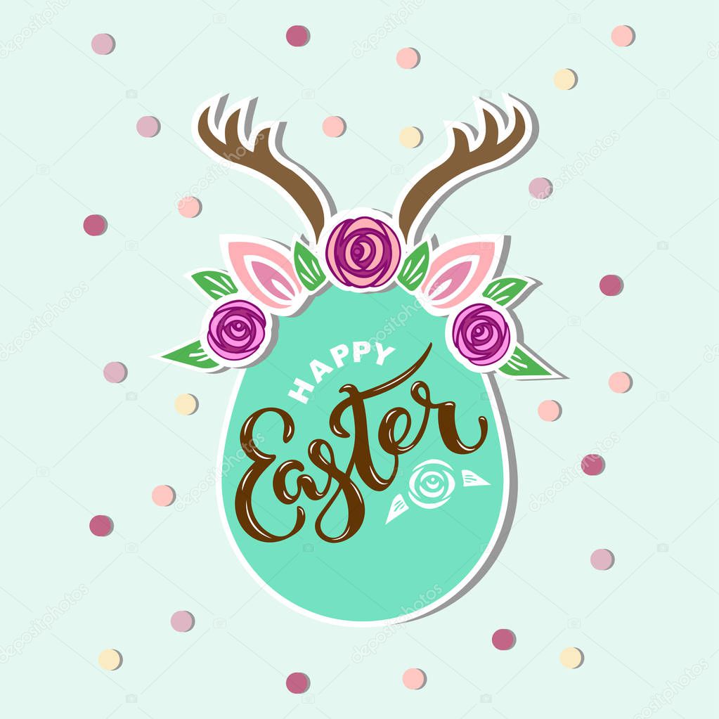Hand drawn lettering Easter as logo, badge, icon. Template for Happy Easter Day, party invitation, greeting card, web, postcard. Vector illustration with deer headband, flower wreath.