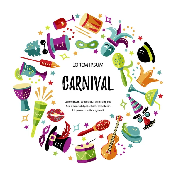 Ilustração Vetorial Com Objetos Carnaval Comemorativos Modelo Para Carnaval Convite — Vetor de Stock