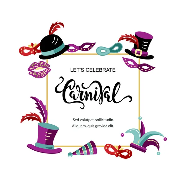 Illustrazione Vettoriale Con Carnevale Oggetti Celebrativi Lettere Manoscritte Carnevale Modello — Vettoriale Stock