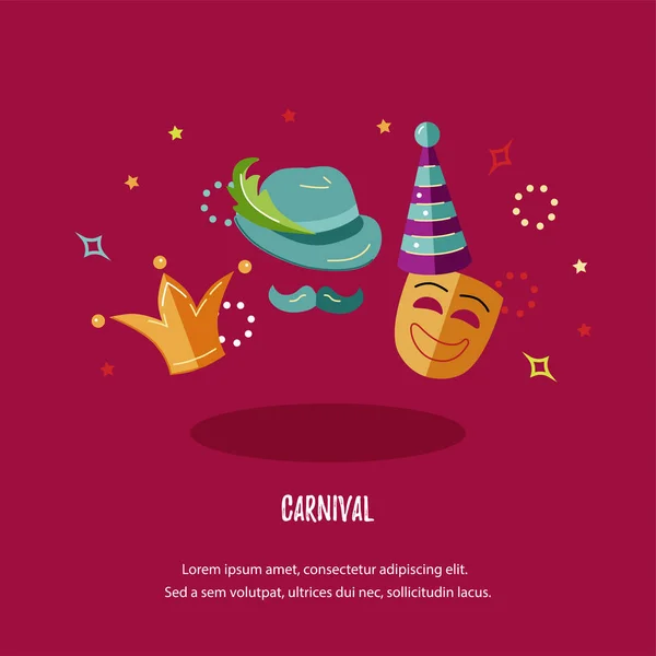 Illustrazione Vettoriale Con Carnevale Oggetti Celebrativi Modello Carnevale Invito Poster — Vettoriale Stock