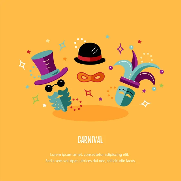 Illustrazione Vettoriale Con Carnevale Oggetti Celebrativi Modello Carnevale Invito Poster — Vettoriale Stock