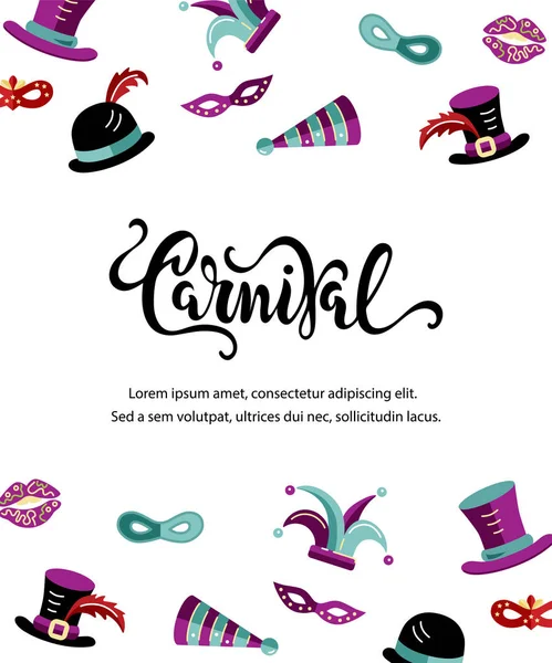 Ilustração Vetorial Com Objetos Carnaval Comemorativos Letras Manuscritas Carnaval Modelo — Vetor de Stock