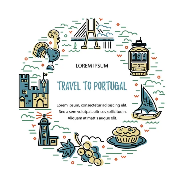 平面和线条风格的圆形框架与葡萄牙的符号 向量例证 — 图库矢量图片