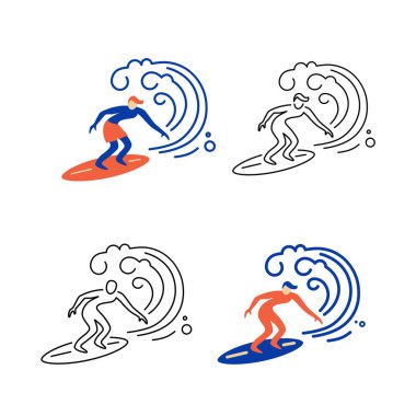 Sörf logo tasarım kümesi. Sörfçü ve büyük dalga. Düz ve çizgi stili vektör çizim.