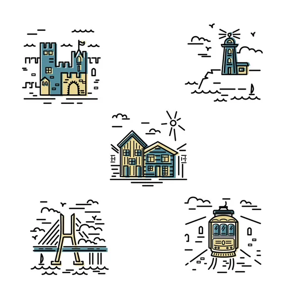 城市符号矢量设置与外壳 边缘和有轨电车 平面和线条样式矢量插图 房地产和旅游概念 — 图库矢量图片