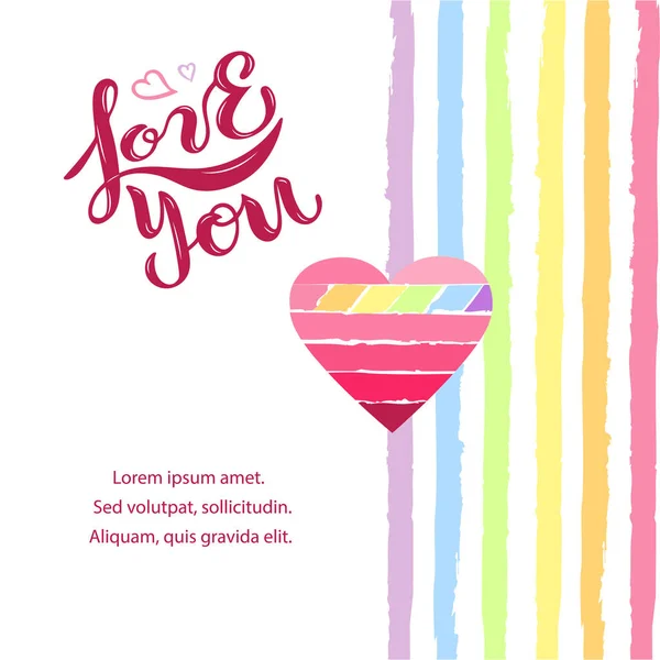 Love You Vektor Illustration Mit Herz Und Regenbogenfarben Streifen Handgeschriebene — Stockvektor