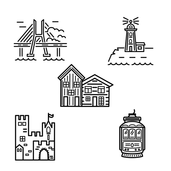 城市符号矢量设置与外壳 边缘和有轨电车 大纲样式矢量插图 房地产和旅游概念 — 图库矢量图片