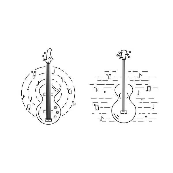 Bass Guitar Acoustic Guitar Icons Isolated Background Line Style Vector — Stock Vector