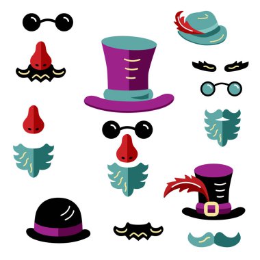 Şapka, Gözlük, sakal ve bıyık ile ayarlayın. Adam Yüzler avatar yaratıcısı. Sosyal medya veya web sitesi için kendi simgeleri oluşturmak. Düz stil vektör çizim.