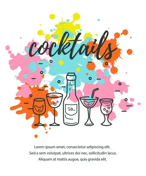 Vector Illustration Cocktail Glasses Bottle Paint Splashes Template Bar Menu — Stock Vector
