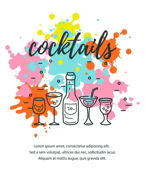 Illustration Vectorielle Avec Verres Cocktail Bouteille Éclaboussures Peinture Modèle Pour — Image vectorielle