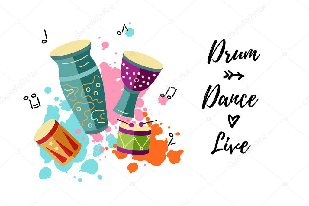 Vector illustration with drums and paint splashes. Template for party, drum school, invitation, poster, card, flyer, banner. Place for your text
