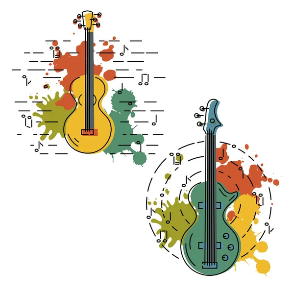 Bass Guitar Acoustic Guitar Icons Isolated Background Watercolor Splashes Flat — Stock Vector