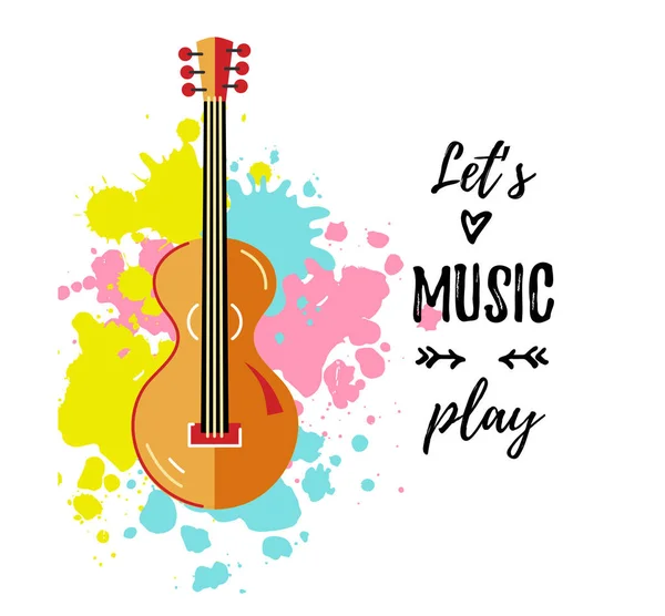 Bright Card Guit Let Music Play Text Vector Illustration Decorative — 스톡 벡터