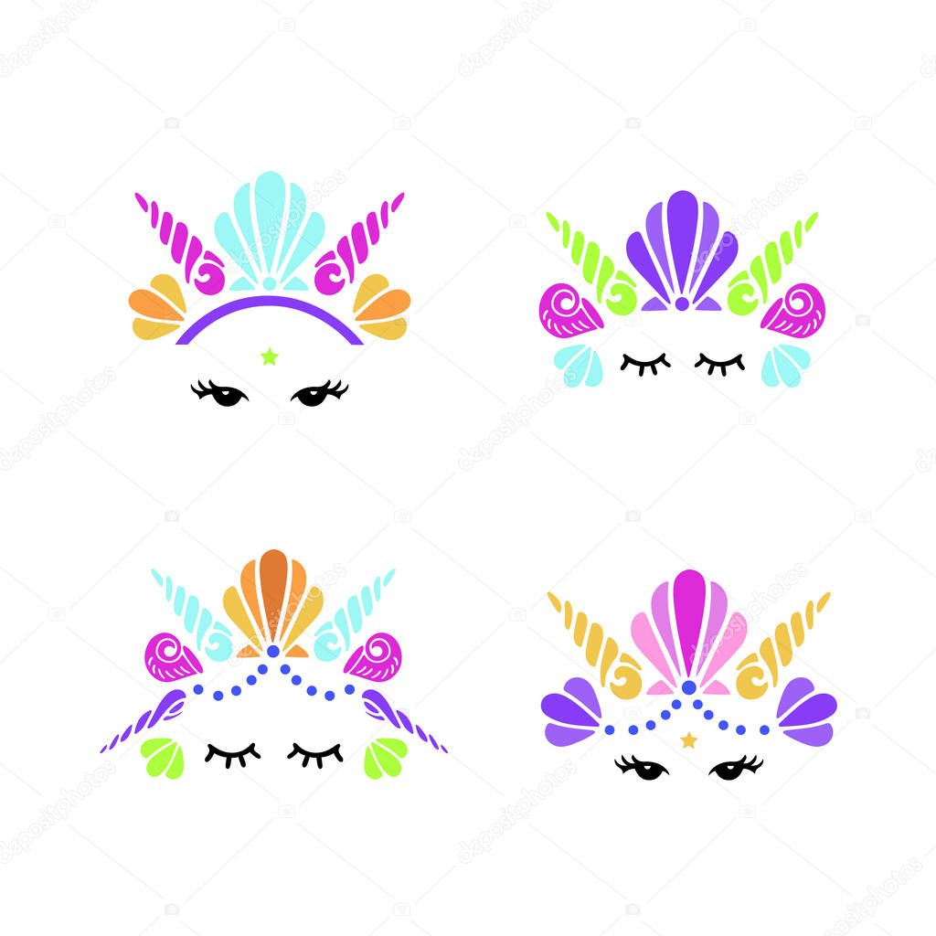 Vector set with Mermaid logo. Mermaid face with crown for invitation, birthday, greetings, party, baby shop, t-shirt design.