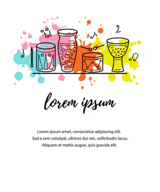 Davul ve boya sıçraması. Parti, davul okul, davet, poster, kart, el ilanı, afiş için şablon. Metin için yer. Çizgi stili vektör çizim.