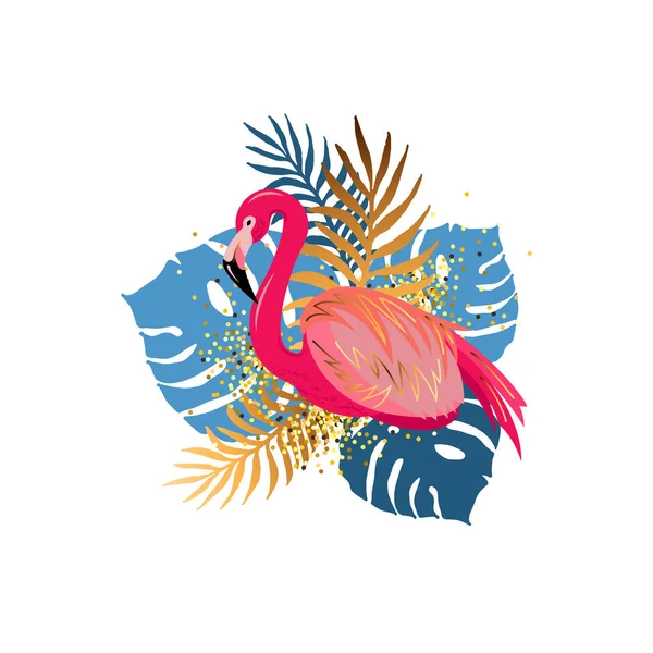 Roze Flamingo Tropische Bladeren Vector Illustratie Geïsoleerd Een Witte Achtergrond — Stockvector