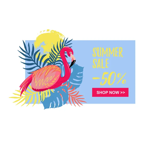 Rosa Flamingo Und Tropische Blätter Sammerverkauf Vektor Illustration Für Banner — Stockvektor