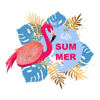 Pembe flamingo ile tasarım öğesi, mavi ve altın egzotik bırakır. Merhaba yaz. Metin için yer. Parti, davet, afiş, poster, afiş, web için vektör çizim.