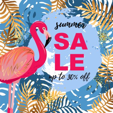 Pembe flamingo ve tropikal yaprak. Sammer Satılık. Yor metin için yer. Afiş, poster, web, davet, el ilanı için vektör çizim.