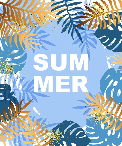 Blue Golden Exotic Leaves Tropical Summer Place Your Text Vector — Stock Vector