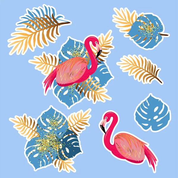 Vektor Set Med Rosa Flamingo Och Tropiska Löv Exotiska Blad — Stock vektor