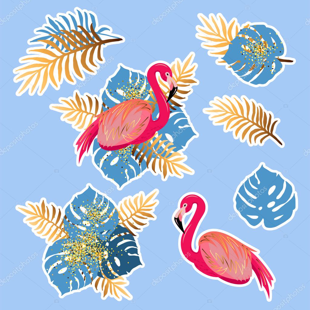Vector set with pink flamingo and tropical leaves. Exotic leaves and flamingo as patch, sticker, stick cake toppers. Props for birthday, flamigo and tropical party.