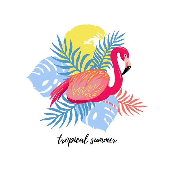 Design Element Pink Flamingo Exotic Leaves Sun Tropical Summer Vector — Stock Vector