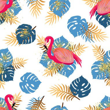Pembe flamingo ve tropikal yaprakları ile Seamless modeli. Vektör çizim.