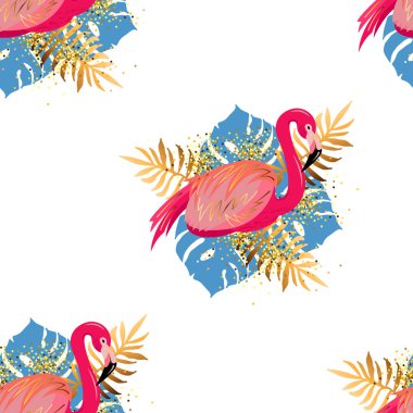 Pembe flamingo ve tropikal yaprakları ile Seamless modeli. Vektör çizim.