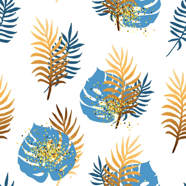 Naadloze Patroon Met Tropische Blauwe Gouden Bladeren Vector Illustratration — Stockvector