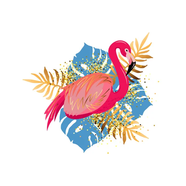 Roze Flamingo Tropische Bladeren Vector Illustratie Geïsoleerd Een Witte Achtergrond — Stockvector