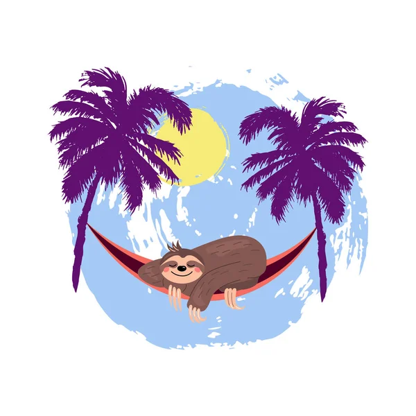 Cartoon Luiaard Slaapt Hangmat Onder Palmbomen Zomer Vector Illustratie Design — Stockvector