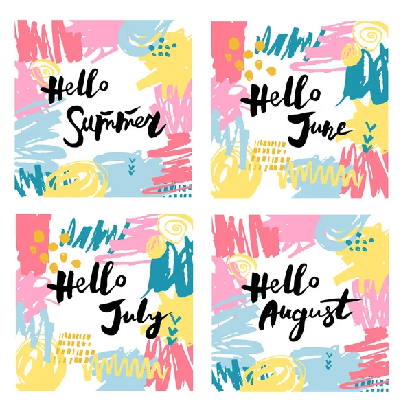 Letteratura Manoscritta Hello Summer Set Telaio Con Macchie Disegnate Mano — Vettoriale Stock