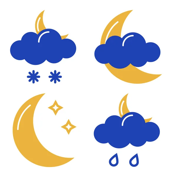 Night weather icons set isolated on white background. Flat and outline style vector illustration.