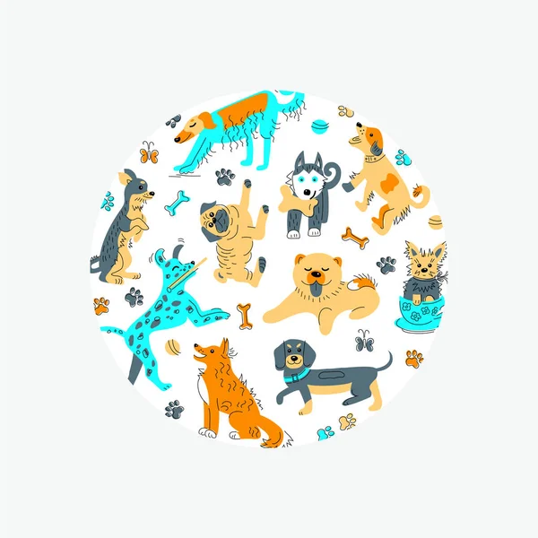 Forma Círculo Con Perros Dibujados Mano Estilo Boceto Ilustración Vectorial — Vector de stock