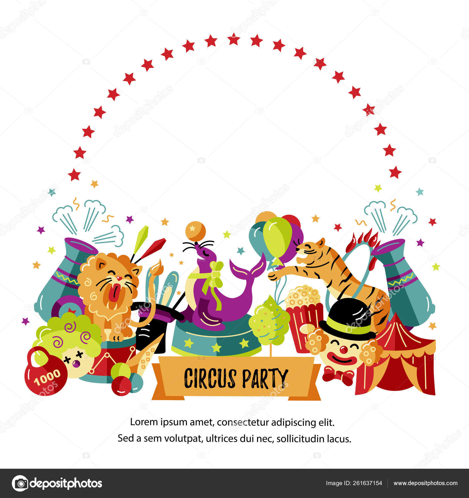 Circus Vector Illustration Animals Clowns Magicians Template Circus Show Party Stock Vector Image By C Nataliavarlamova 261637154
