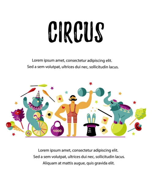Zirkus Vektorillustration Mit Tieren Starken Menschen Und Zauberern Vorlage Für — Stockvektor