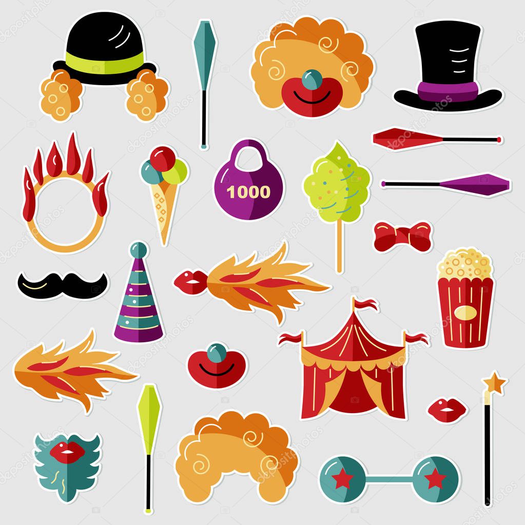 Circus. Vector illustration set with circus celebratory objects. Flat style design elements on background for kids birthday, circus party, patch, sticker, party props, cake toppers, photo booth.