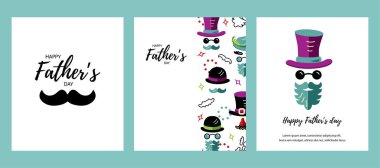 Babalar günün kutlu olsun kart seti. Şapkalı, gözlüklü, bıyıklı ve sakallı erkek yüzü. Düz stil vektör çizimi.