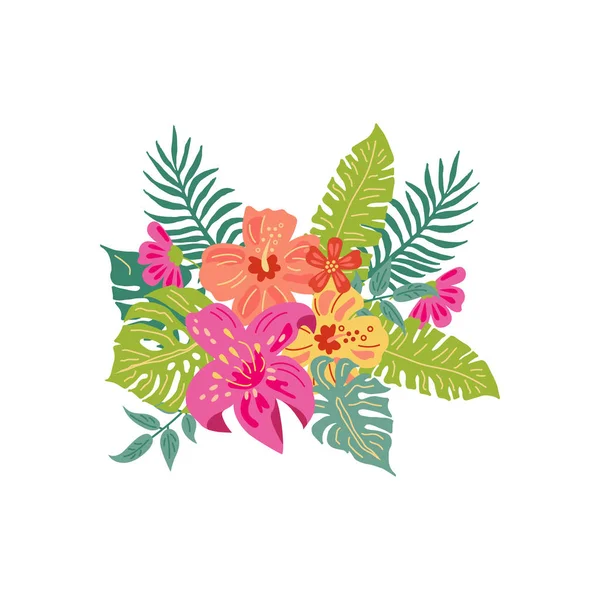 熱帯のエキゾチックな花や葉 手描きのスケッチスタイルベクトルイラストは 白い背景に分離されています ポスター バナー パーティー招待状 夏のコンセプトのためのフラットスタイルのデザイン要素 — ストックベクタ