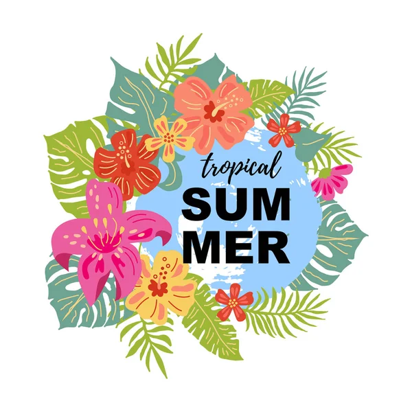 Elemento Diseño Dibujado Mano Con Flores Tropicales Hojas Exóticas Verano — Vector de stock
