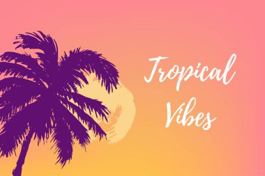 Palmiye ağaçlarıyla gün batımı ya da gün doğumu. Tropikal titreşimler. Metniniz için yerleştirin. Parti, davetiye, el ilanı, afiş, afiş, web için vektör illüstrasyon. El çizilmiş stil seyahat konsepti.