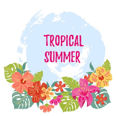 Tropikal çiçekler ve egzotik yaprakları ile el çizilmiş kroki tarzı arka plan. Tropik yaz. Metniniz için yerleştirin. Parti, davetiye, el ilanı, afiş, afiş, web için vektör illüstrasyon.