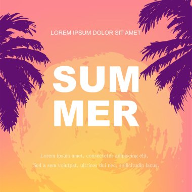 Palmiye ağaçlarıyla gün batımı ya da gün doğumu. Yaz geçmişi. Metniniz için yerleştirin. Parti, davetiye, el ilanı, afiş, afiş, web için vektör illüstrasyon. El çizilmiş stil seyahat konsepti.
